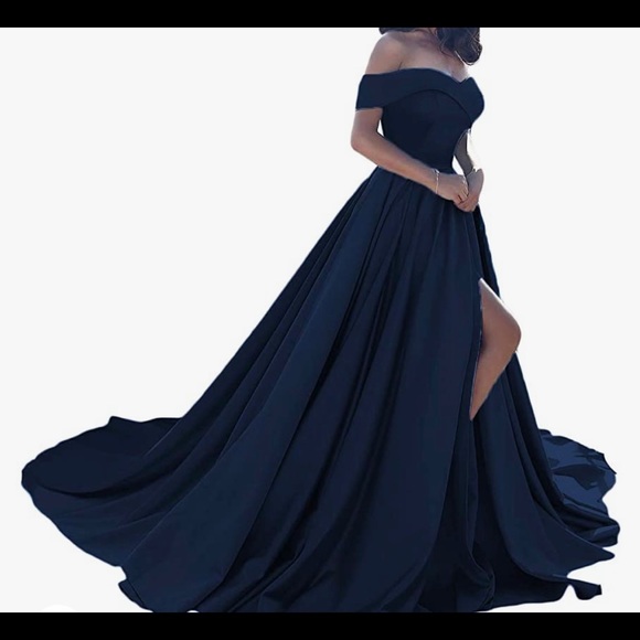 Dresses & Skirts - Off shoulder satin navy blue maxi dress. Long train. Size small.